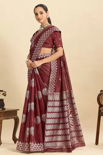 maroon art silk printed saree with blouse