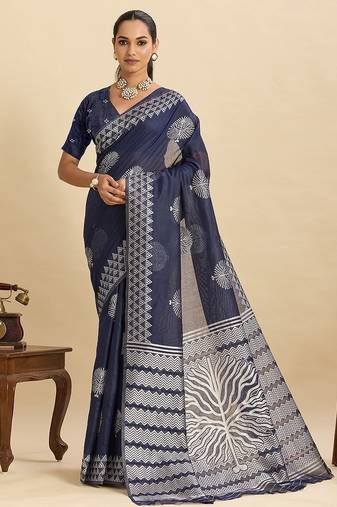 navy blue art silk printed saree with blouse