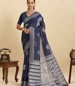 navy blue art silk printed saree with blouse