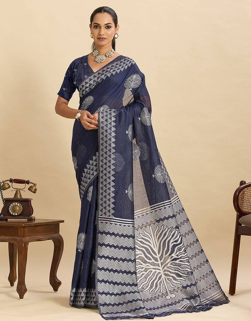 navy blue art silk printed saree with blouse