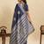 navy blue art silk printed saree with blouse