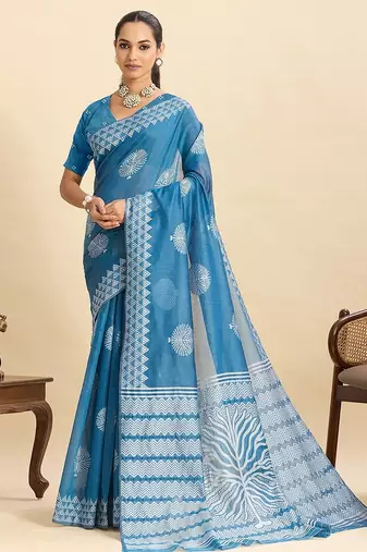 blue art silk printed saree with blouse