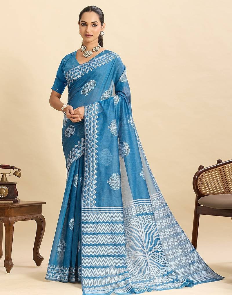 blue art silk printed saree with blouse