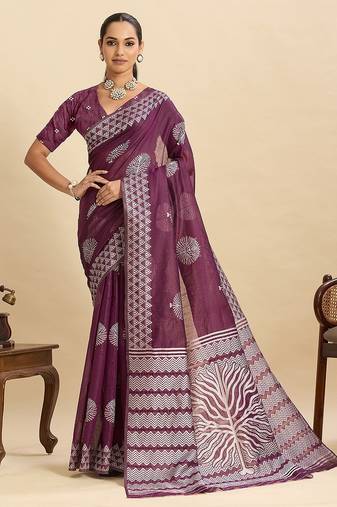 wine art silk printed saree with blouse