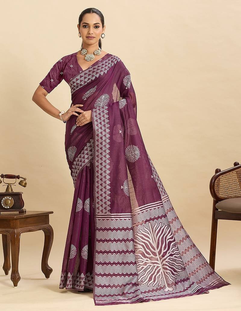 wine art silk printed saree with blouse
