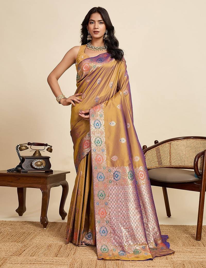 gold silk blend printed saree with blouse