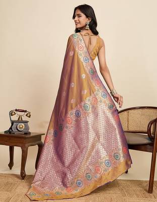 gold silk blend printed saree with blouse 3