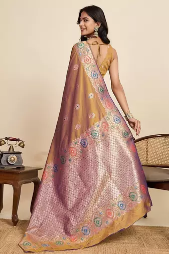 gold silk blend printed saree with blouse