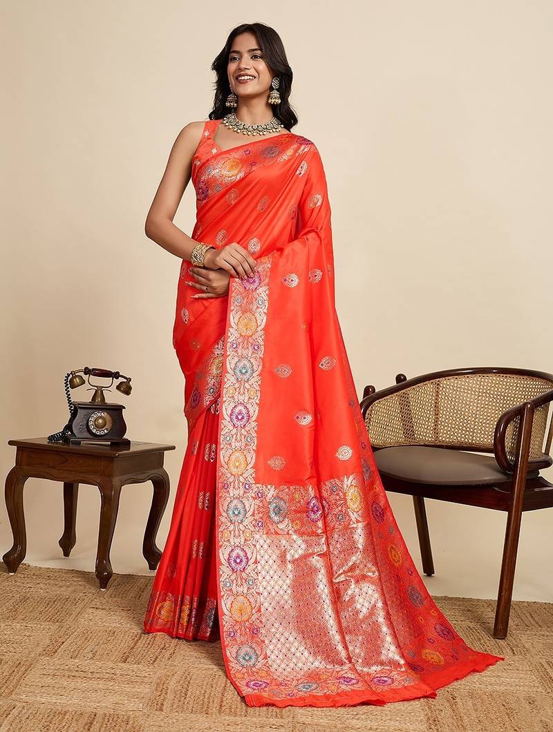orange silk blend printed saree with blouse
