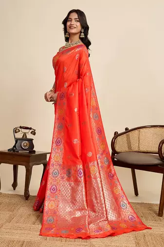orange silk blend printed saree with blouse