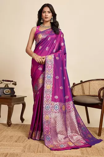 purple silk blend printed saree with blouse