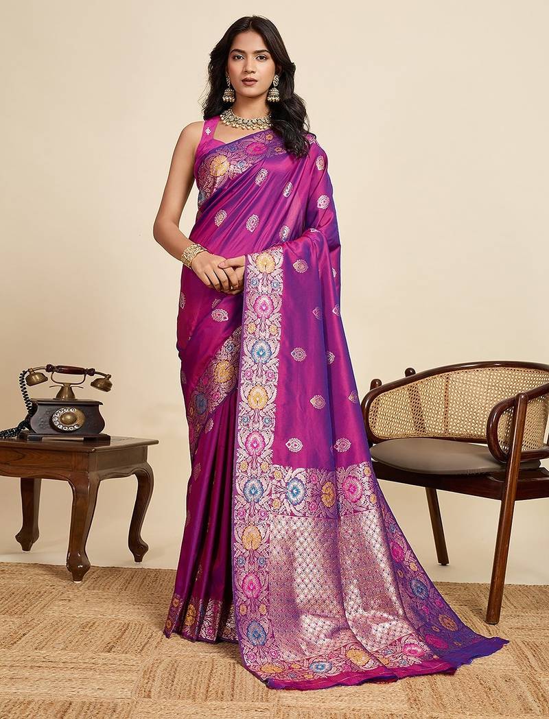 purple silk blend printed saree with blouse