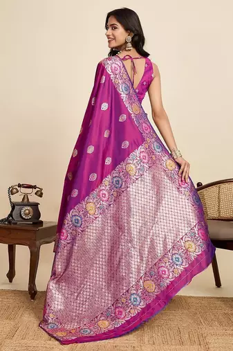 purple silk blend printed saree with blouse