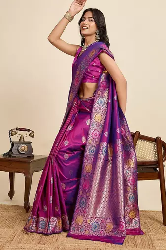purple silk blend printed saree with blouse
