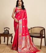 red silk blend printed saree with blouse