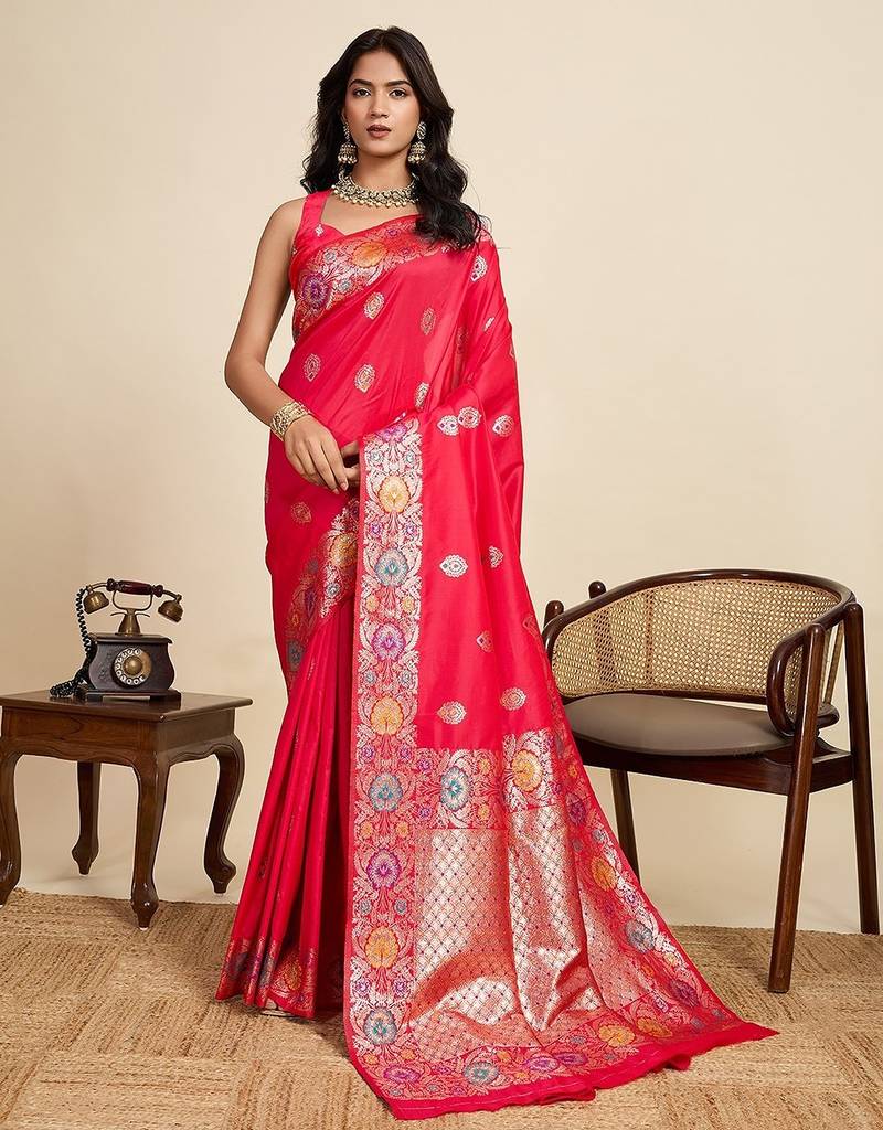 red silk blend printed saree with blouse