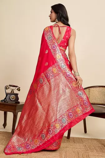 red silk blend printed saree with blouse