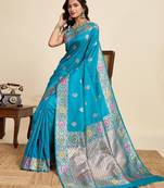 teal silk blend printed saree with blouse