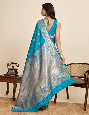 teal silk blend printed saree with blouse 5
