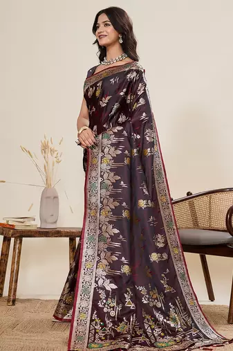 brown silk blend printed saree with blouse