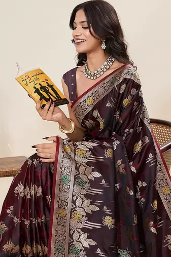 brown silk blend printed saree with blouse