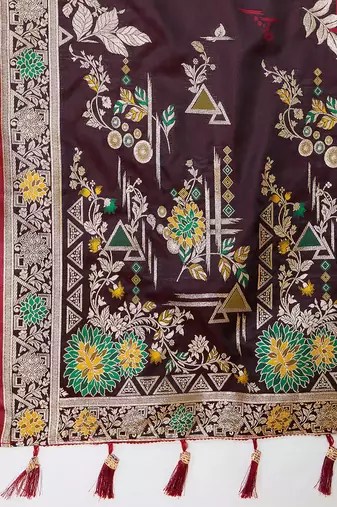 brown silk blend printed saree with blouse