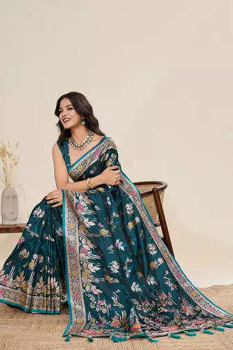 green silk blend printed saree with blouse
