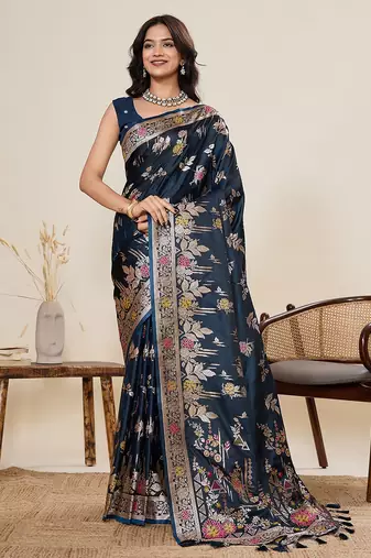 navy blue silk blend printed saree with blouse