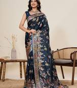 navy blue silk blend printed saree with blouse