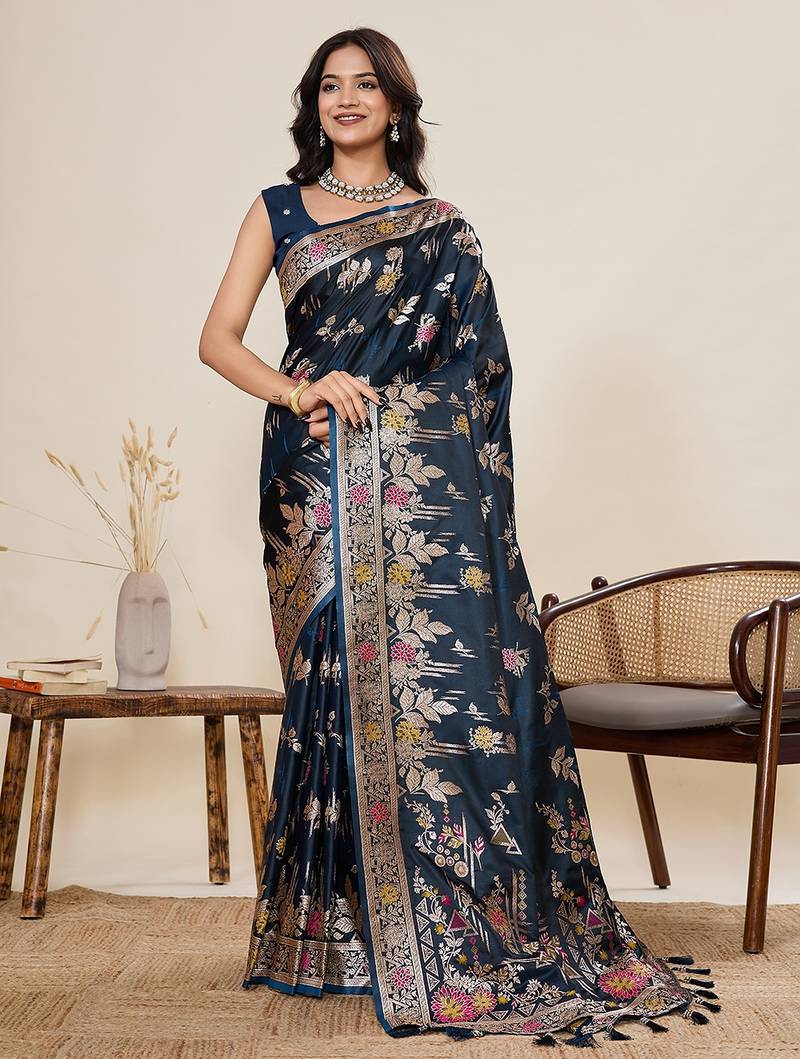 navy blue silk blend printed saree with blouse