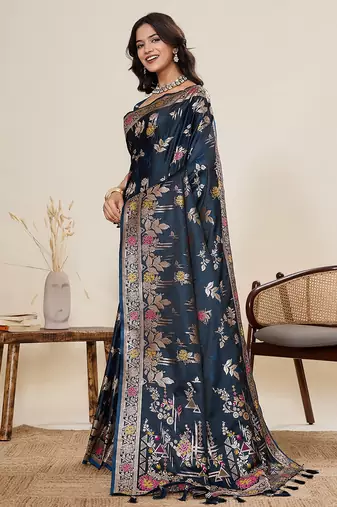 navy blue silk blend printed saree with blouse