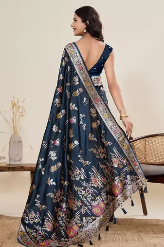 navy blue silk blend printed saree with blouse