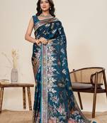 teal silk blend printed saree with blouse