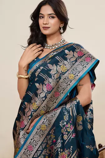 teal silk blend printed saree with blouse