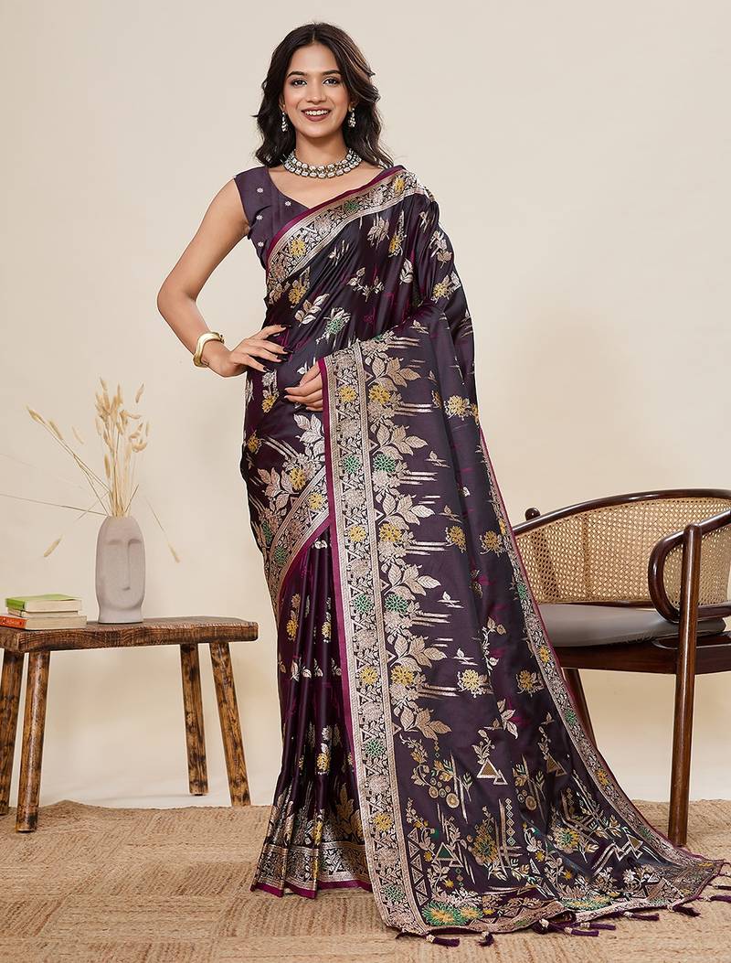 wine silk blend printed saree with blouse