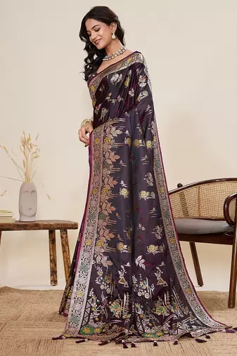 wine silk blend printed saree with blouse