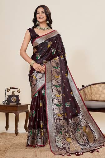 brown silk blend printed saree with blouse