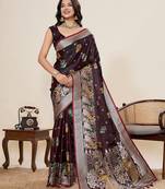 brown silk blend printed saree with blouse
