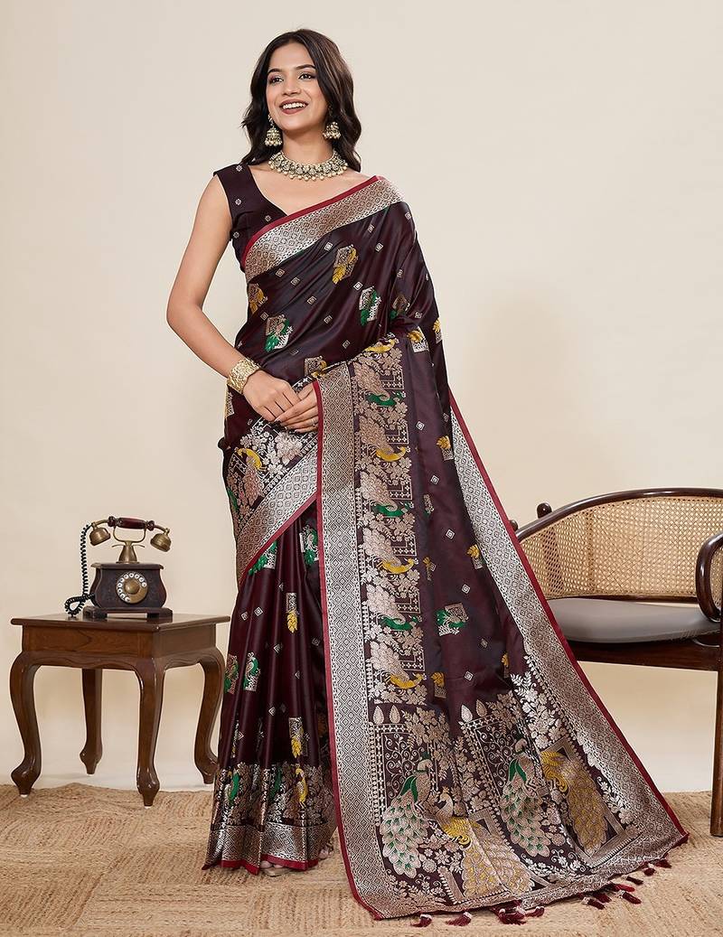 brown silk blend printed saree with blouse