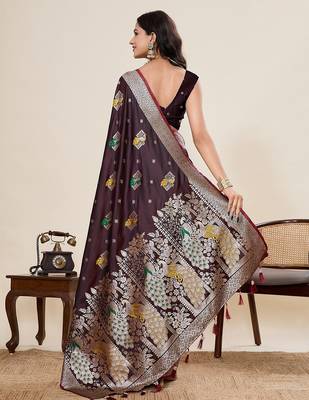 brown silk blend printed saree with blouse 3
