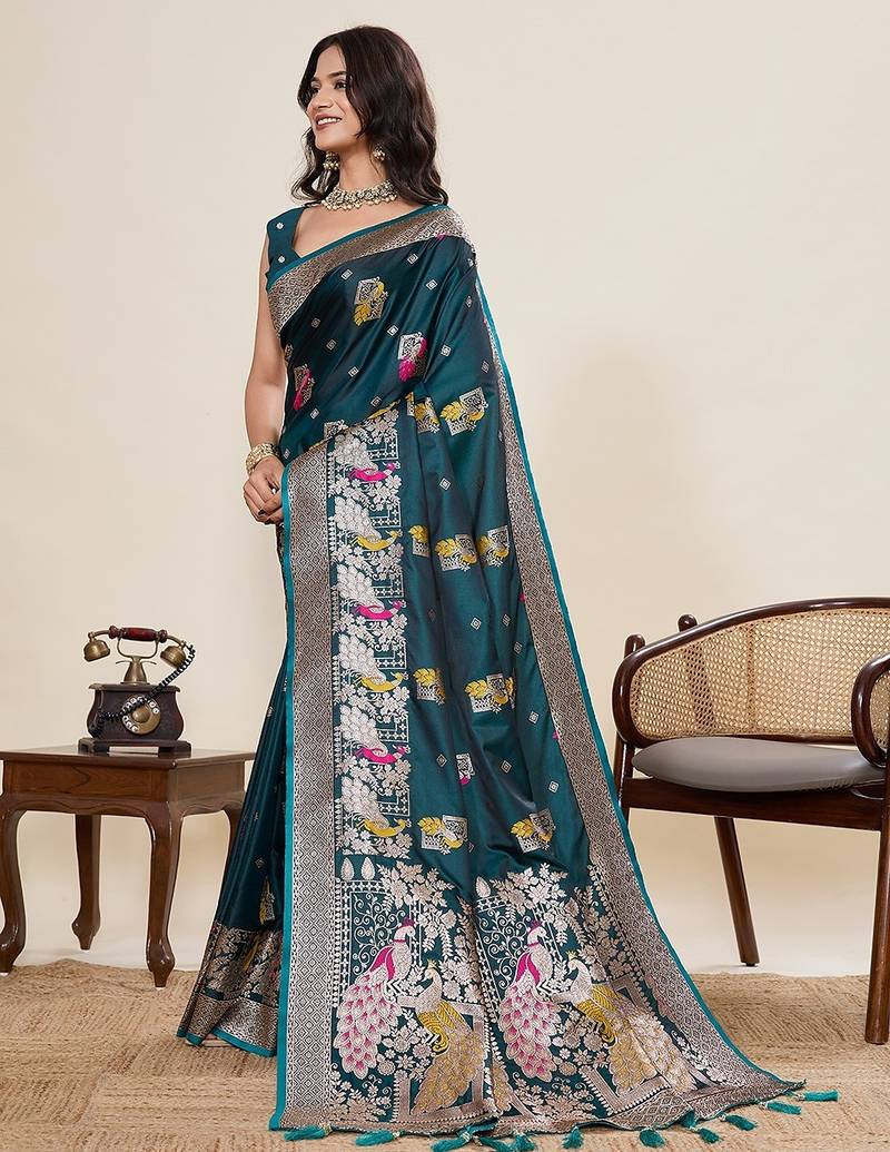 green silk blend printed saree with blouse