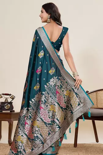 green silk blend printed saree with blouse