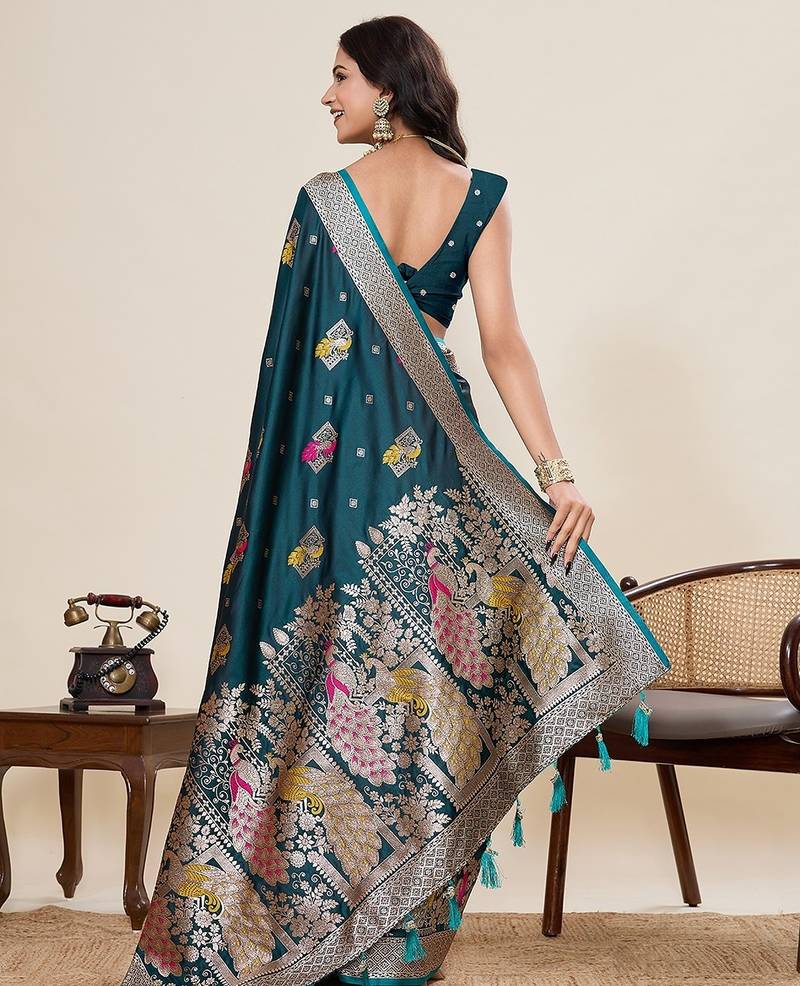green silk blend printed saree with blouse