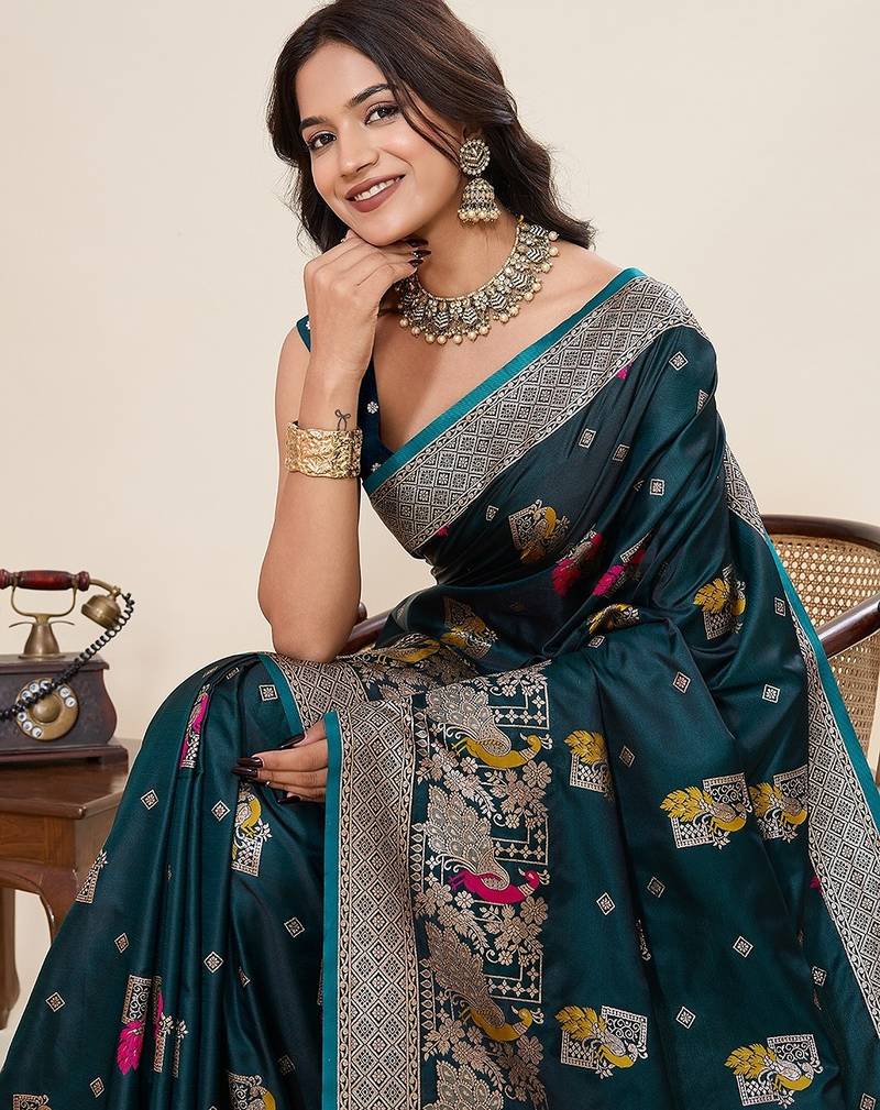 green silk blend printed saree with blouse