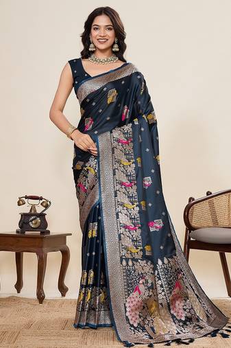 navy blue silk blend printed saree with blouse