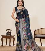 navy blue silk blend printed saree with blouse