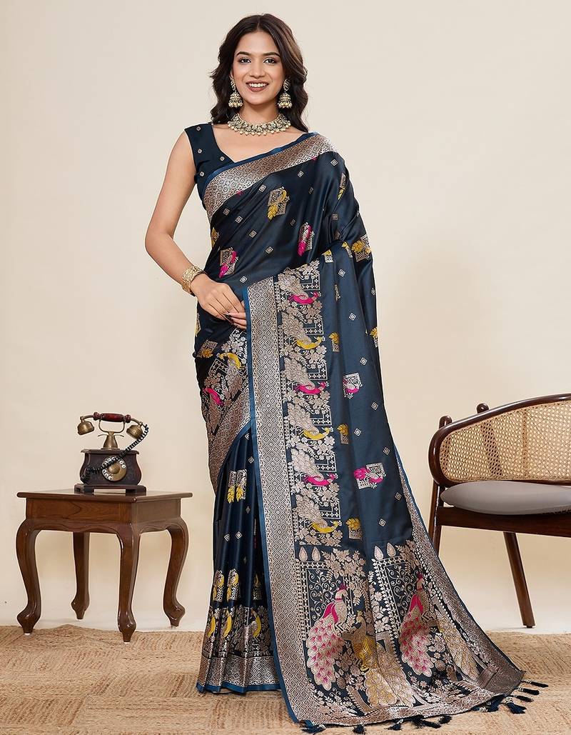 navy blue silk blend printed saree with blouse