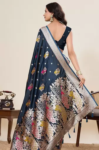 navy blue silk blend printed saree with blouse