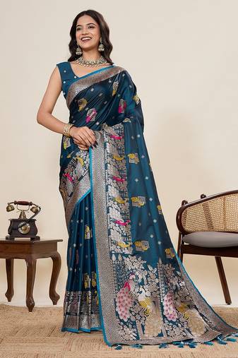 teal silk blend printed saree with blouse