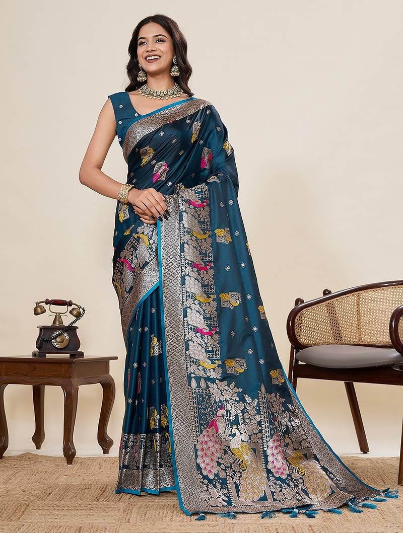 teal silk blend printed saree with blouse